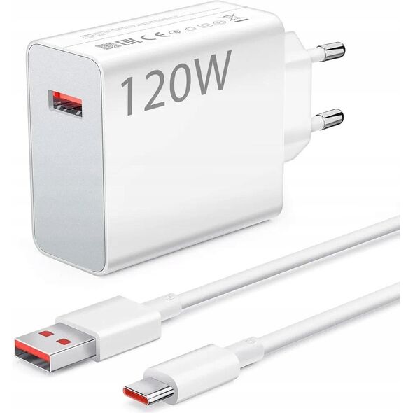 XIAOMI oryginalna ładowarka sieciowa USB A QC3.0 3A 120W MDY-14-EE + kabel USB A do Typ C 6A 1m biała bulk