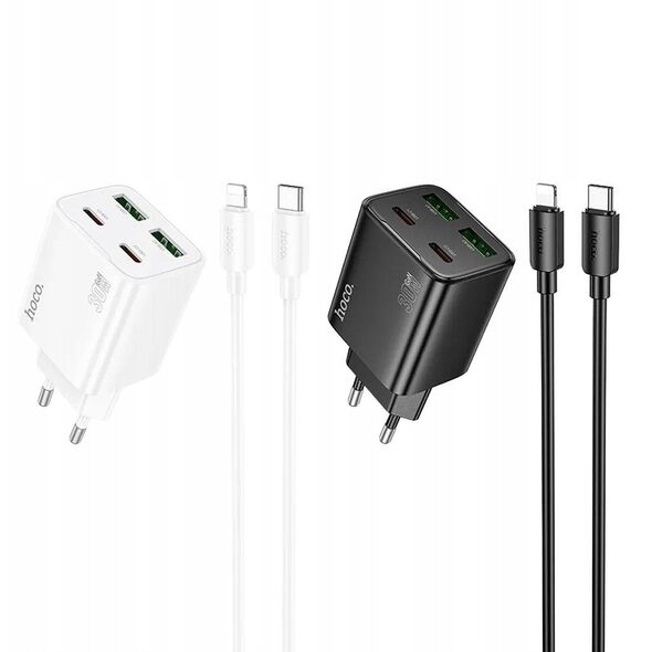 Ładowarka sieciowa do telefonu Hoco 2 x USB C + 2 x USB A QC3.0 PD 3A 30W + kabel USB C do Lightning N56 biała
