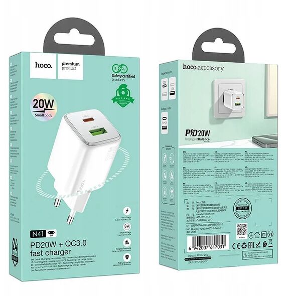 Ładowarka sieciowa do telefonu Hoco USB A + USB C QC3.0 PD 3A 20W N41 biała