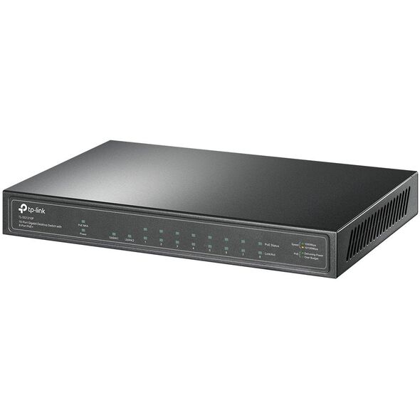 TP-LINK 10 prievadų Gigabit PoE+ jungiklis 8 Gigabit PoE+ prievadai, 1 Gigabit RJ45 prievadai ir 1 Gigabit SFP lizdai 802.3at/af 63W PoE galia