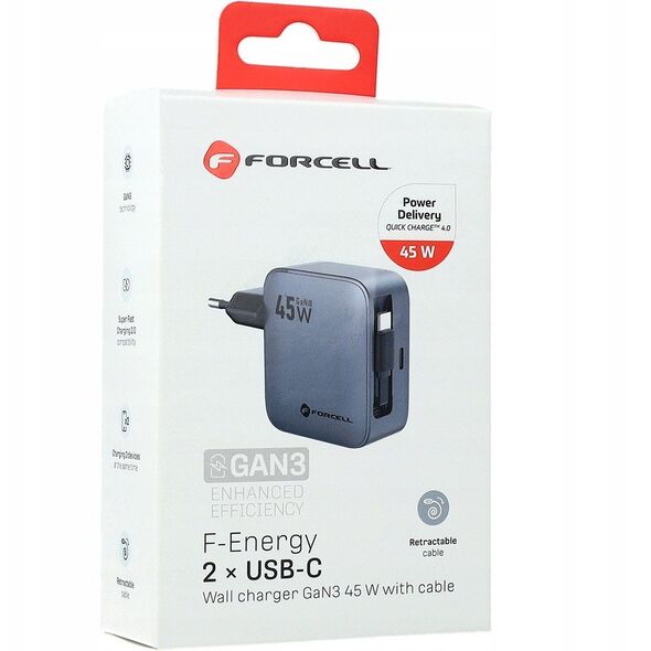 Ładowarka sieciowa do telefonu Forcell F-Energy GaN USB C + zwijany kabel USB C PD QC4.0 3A 45W VT-R5 szara