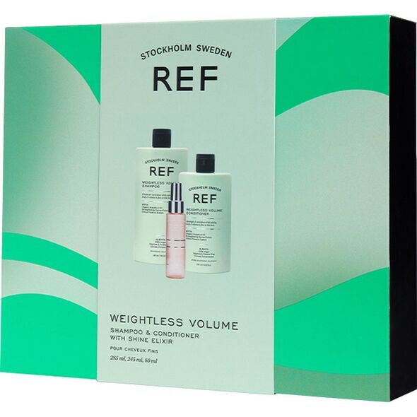 Gift Box Set Ref Stockholm: Weightless Volume, Sulfates-Free, Hair Shampoo, Texturizing & Volumizing, 285 ml + Weightless Volume, Sulfates-Free, Hair Conditioner, Smoothens & Volume, 245 ml + Shine Elixir, Hair Serum, Softening, 80 ml Unisex