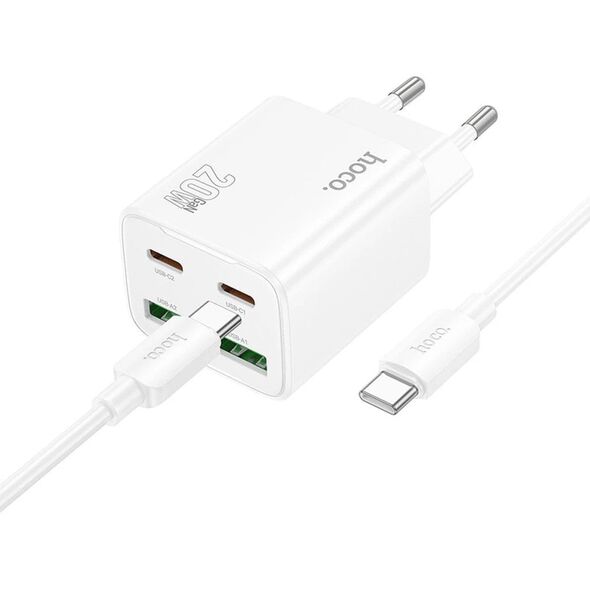 Ładowarka sieciowa do telefonu Hoco 2 x USB C + 2 x USB A QC3.0 PD 3A 20W + kabel USB C do USB C N55 biała