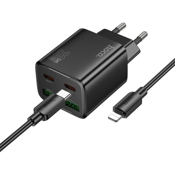 Ładowarka sieciowa do telefonu Hoco 2 x USB C + 2 x USB A QC3.0 PD 3A 20W + kabel USB C do Lightning N55 czarna