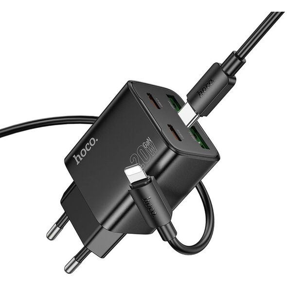 Ładowarka sieciowa do telefonu Hoco 2 x USB C + 2 x USB A QC3.0 PD 3A 20W + kabel USB C do Lightning N55 czarna