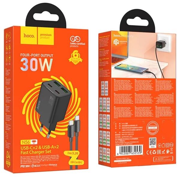 Ładowarka sieciowa do telefonu Hoco 2 x USB C + 2 x USB A QC3.0 PD 3A 30W + kabel USB C do USB C N56 czarna