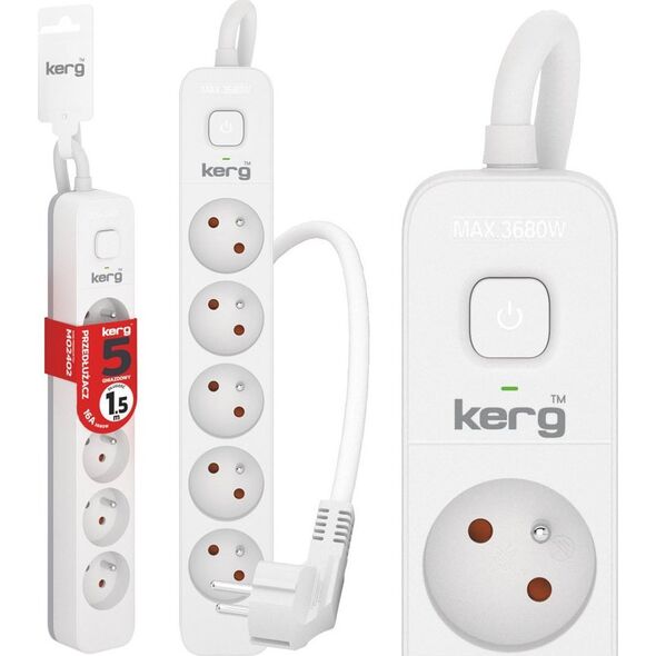 Kerg Przedłużacz KERG z wyłącznikiem-5 gniazd-biało-szary-1,5m-16A-H05VV-F-3x1,5mm2