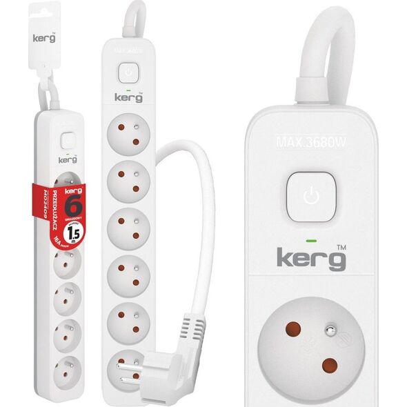 Kerg Przedłużacz KERG z wyłącznikiem-6 gniazd-biało-szary-1,5m-16A-H05VV-F-3x1,5mm2