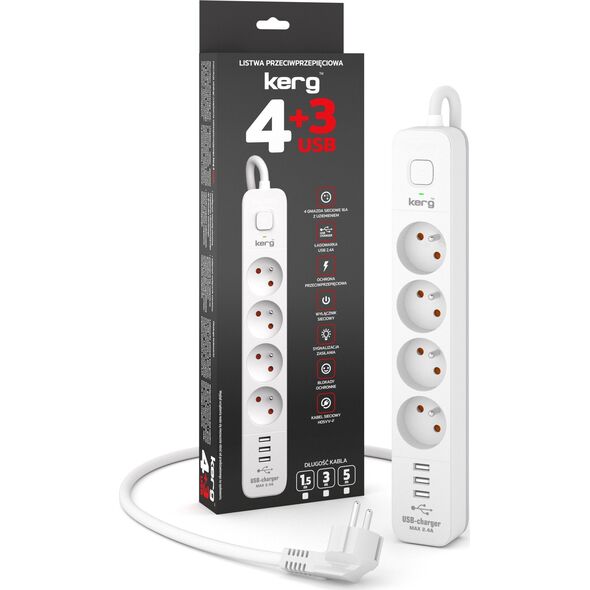 Kerg Urządz. zas.-zabezpiecz. KERG z wyłącznikiem-4 gniazda-3USB-biało-szary-5m-16A-H05VV-F-3x1,5mm2