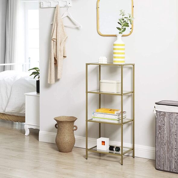 Regał szklany loft złoty 4 półki metalowa rama szkło elegancki