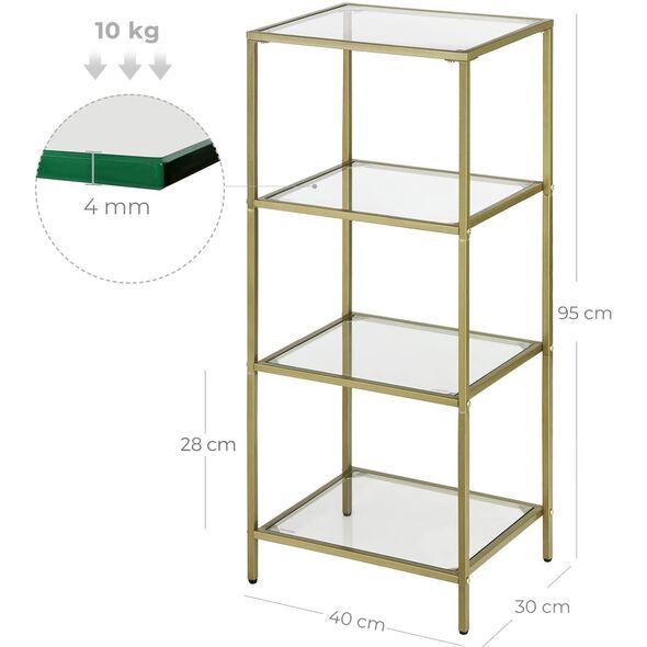 Regał szklany loft złoty 4 półki metalowa rama szkło elegancki