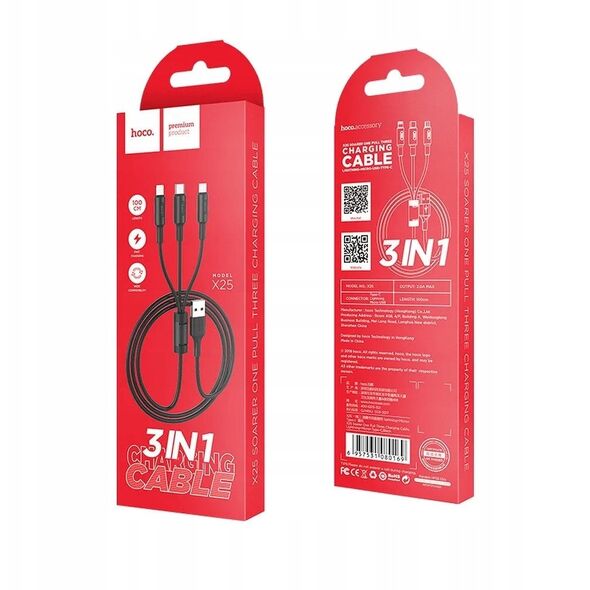 Kabel 3w1 USB A do Lightning / Micro USB / USB C Hoco 2A 1 m X25 czarny