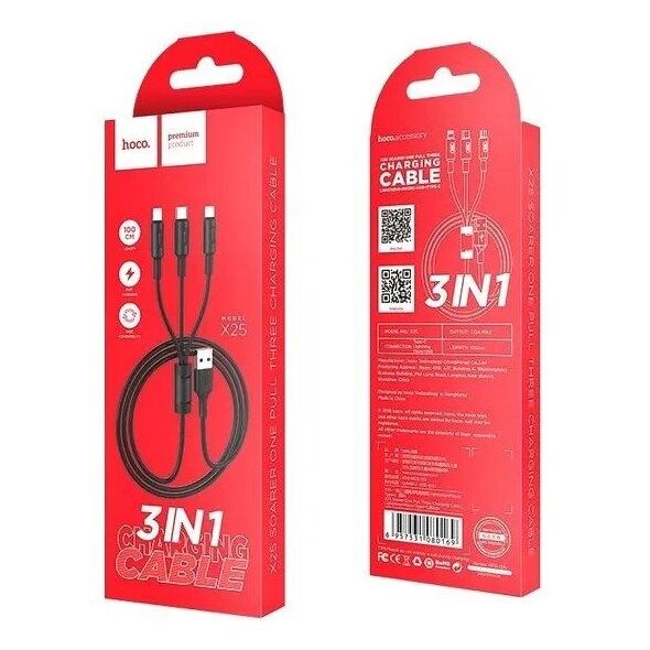 Kabel 3w1 USB A do Lightning / Micro USB / USB C Hoco 2A 1 m X25 czarny