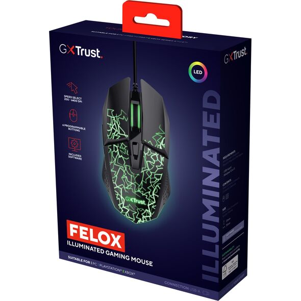 Trust GXT 113 Felox myszka Gaming Po prawej stronie USB Typu-A Optyczny 6400 DPI