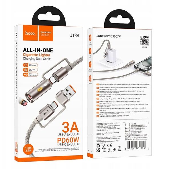 Kabel All-in-one USB A / USB C do USB C / Zapalniczka samochodowa Hoco 3A 60W 1,2 m U138 szary