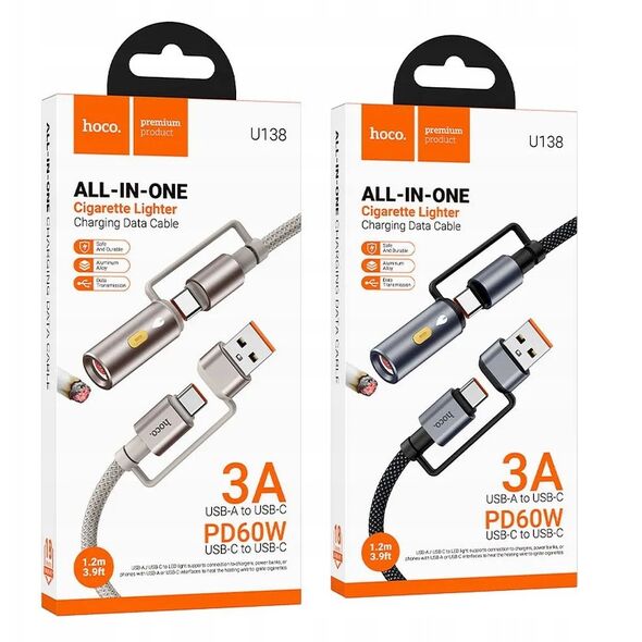 Kabel All-in-one USB A / USB C do USB C / Zapalniczka samochodowa Hoco 3A 60W 1,2 m U138 szary
