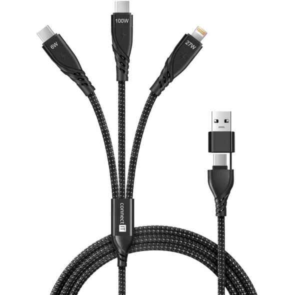 CONNECT IT Nabíjecí kabel Wirez 6v1, USB-C/USB, Lightning + 2x USB-C, 1.25m, černá