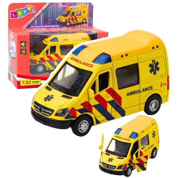 Karetka Ambulans Metalowy Z Napędem Pull Back Światła Dźwięki Żółty 1:32 EDUKAMP