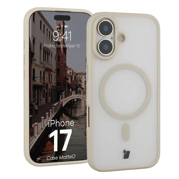 Etui z pierścieniem magnetycznym Bizon Case MatteO do Apple iPhone 17 przydymione-beżowe
