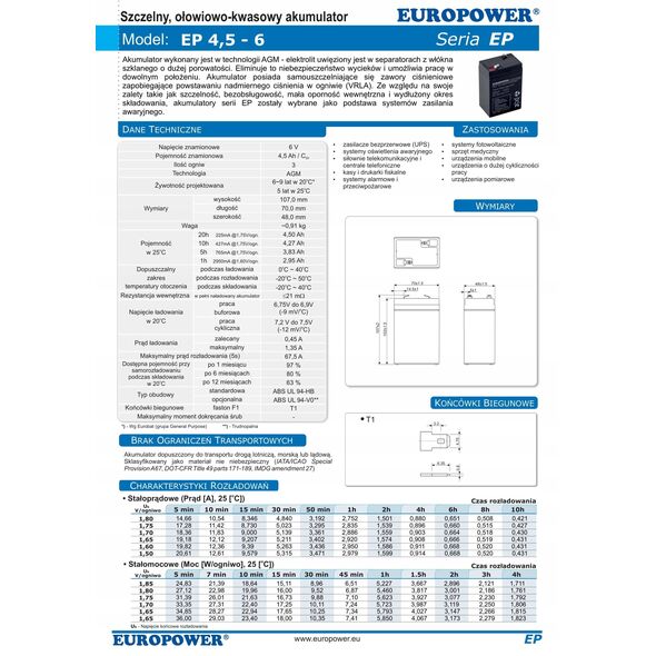 Akumulator EP4.5-6 EUROPOWER 6V 4.5AH