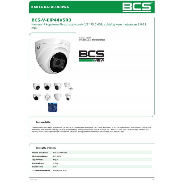 BCS-V-EIP44VSR3(2) Kamera IP BCS VIEW kopułkowa 4Mpx