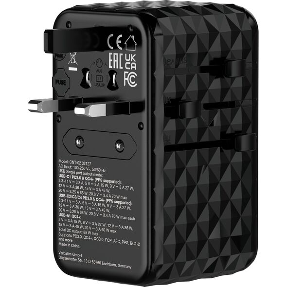 Verbatim Adapter podróżny Verbatim Charge 'n' Travel GaN III globalny 4xUSB-C PD 3.0 QC 4+ 70W, 1xUSB-A QC 4+ 60W