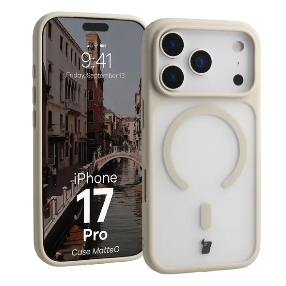 Etui z pierścieniem magnetycznym Bizon Case MatteO do Apple iPhone 17 Pro przydymione-beżowe