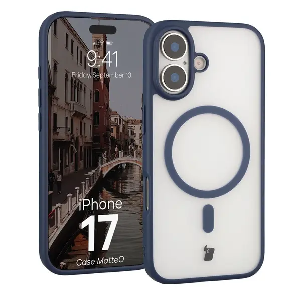Etui z pierścieniem magnetycznym Bizon Case MatteO do Apple iPhone 17 przydymione-granatowe