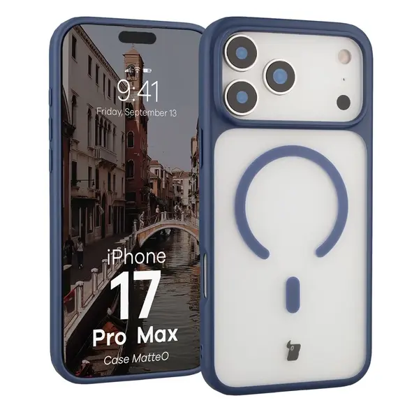 Etui z pierścieniem magnetycznym Bizon Case MatteO do Apple iPhone 17 Pro Max przydymione-granatowe
