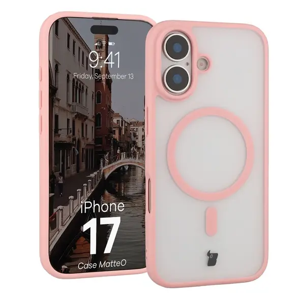 Etui z pierścieniem magnetycznym Bizon Case MatteO do Apple iPhone 17 przydymione-jasnoróżowe