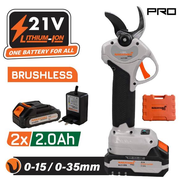 NAKAYAMA Pro EC1435 Ψαλίδι Κλάδου Μπαταρίας 21V, Brushless, Προοδευτική Κοπή 0-15mm/0-35mm, 0.85kg 082903