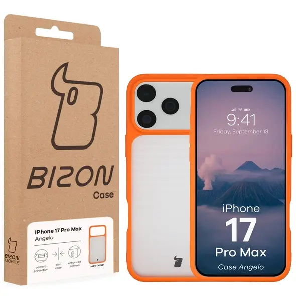 Etui Bizon Case Angelo do Apple iPhone 17 Pro Max półprzezroczyste z pomarańczową ramką