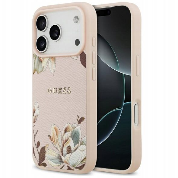 Etui Guess Grained Flowers Classic Logo MagSafe do iPhone 17 Pro różowy
