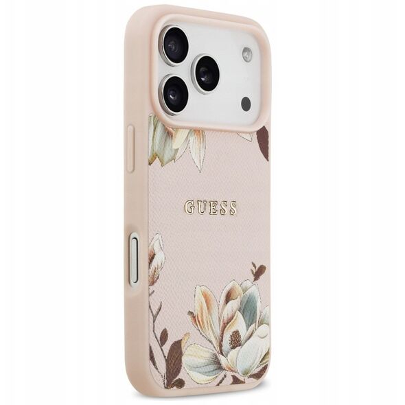 Etui Guess Grained Flowers Classic Logo MagSafe do iPhone 17 Pro różowy
