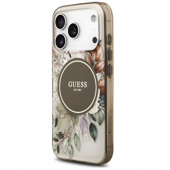 Etui Guess IML Flower & Tonal Circle MagSafe do iPhone 17 Pro brązowy
