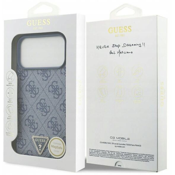 Etui Guess Leather 4G Triangle Strass MagSafe do iPhone 17 Pro Max niebieski