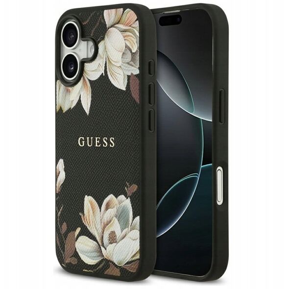 Etui Guess Grained Flowers Classic Logo MagSafe do iPhone 17 czarny