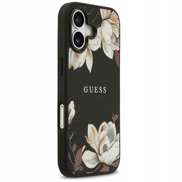 Etui Guess Grained Flowers Classic Logo MagSafe do iPhone 17 czarny