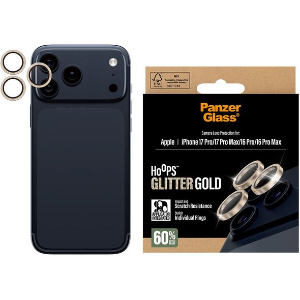 PanzerGlass ® Hoops® Glitter Gold Camera Lens Protector iPhone 17 Pro | iPhone 17 Pro Max | iPhone 16 Pro | 16 Pro Max Przezroczysta ochrona ekranu Apple 1 szt.