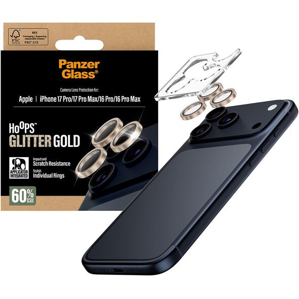 PanzerGlass ® Hoops® Glitter Gold Camera Lens Protector iPhone 17 Pro | iPhone 17 Pro Max | iPhone 16 Pro | 16 Pro Max Przezroczysta ochrona ekranu Apple 1 szt.