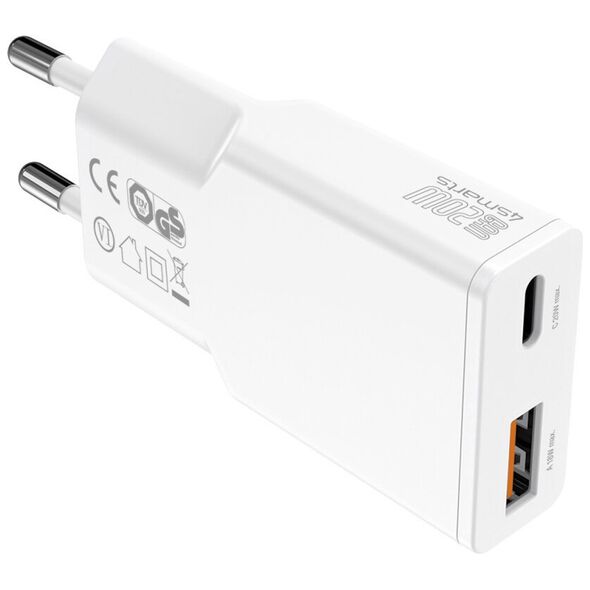 Φορτιστής τοίχου 4smarts PDPlug Slim Duos 20W GaN USB-C+USB-A + καλώδιο USB-C 1.5m λευκό