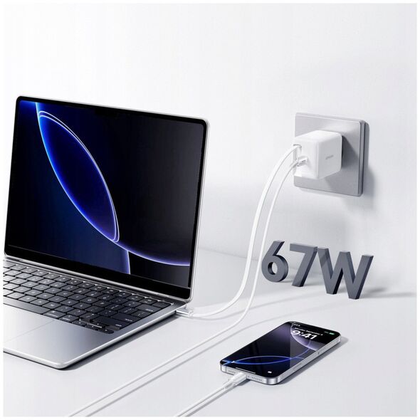 Φορτιστής τοίχου JOYROOM JR-TCL06 67W GaN με ενσωματωμένο αναδιπλούμενο καλώδιο USB-C - λευκό