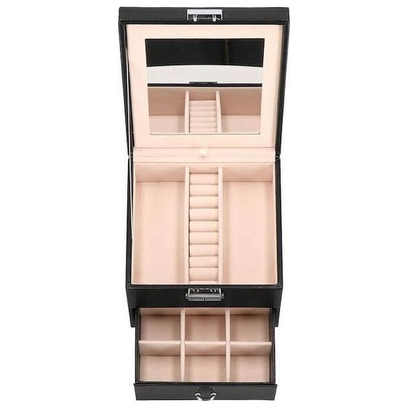 Springos Szkatułka na biżuterię ekoskóra 16x16x11 cm czarny organizer z przegródkami i lusterkiem UNIWERSALNY