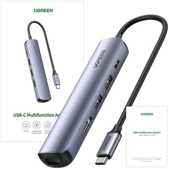 HUB USB Ugreen Hub / Adapter Ugreen Revodok CM418 USB-C σε 2x USB, HDMI 4K 30 Hz, RJ45 1Gbps, PD 100W (γκρι)