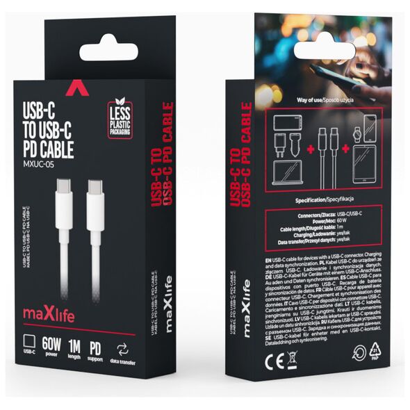 Maxlife MXUC-05 cable USB-C - USB-C 1,0 m 60W white 5900495985187
