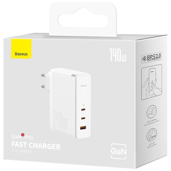 Φορτιστής Baseus Baseus φορτιστής τοίχου GaN5 Pro PD 140W 2x USB-C 1x USB λευκός + καλώδιο USB-C - USB-C 240W