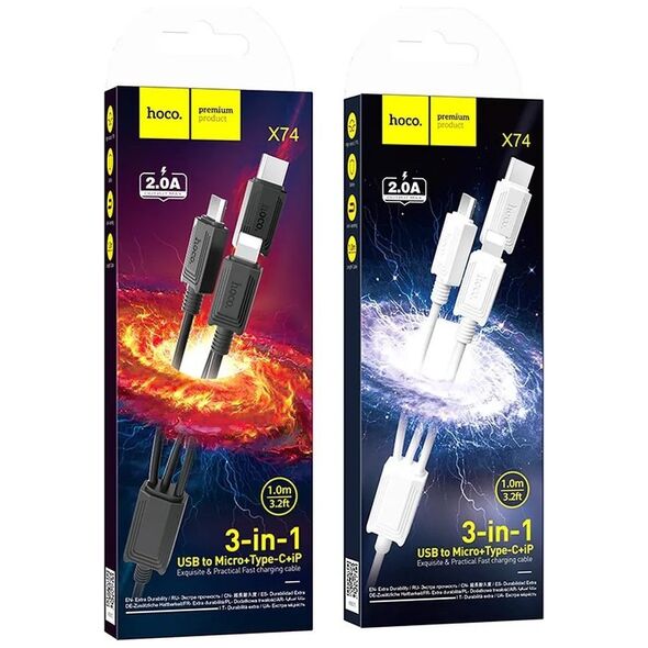 Καλώδιο USB Hoco HOCO καλώδιο 3 σε 1 USB A σε Lightning / Micro USB / Τύπος C 2A X74 1 m λευκό