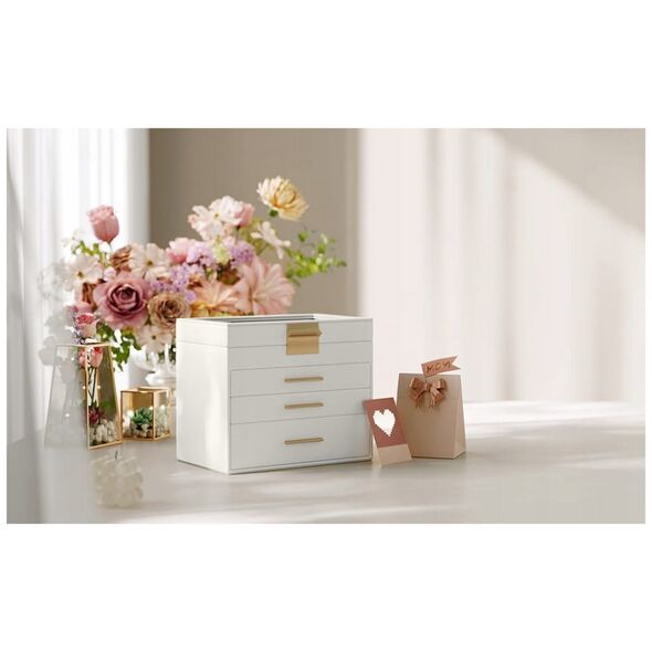 Κουτί Κοσμημάτων SONGMICS με Γυάλινο Καπάκι, 4-επίπεδος Οργανωτής Κοσμημάτων, 3 Συρτάρια, για Γυαλιά Ηλίου, Μεγάλα Κοσμήματα