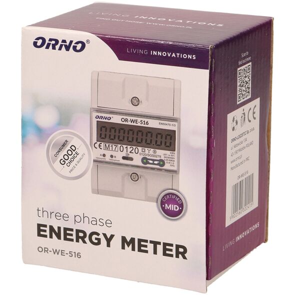 Μετρητής ηλεκτρικής ενέργειας Orno OR-WE-516 3-φάσεων Θύρα RS-485 Din TH-35mm λευκός