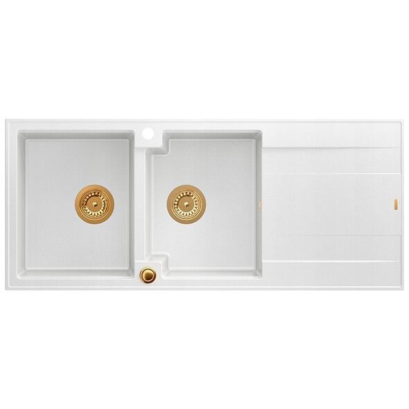 Νεροχύτης GraniteQ EVAN 121 GraniteQ νεροχύτης με σιφόνι Push To Open 2-θέσεων χωρίς (1160x500x210| θάλαμος 420x340) χιονάτη λευκή / χάλκινα στοιχεία